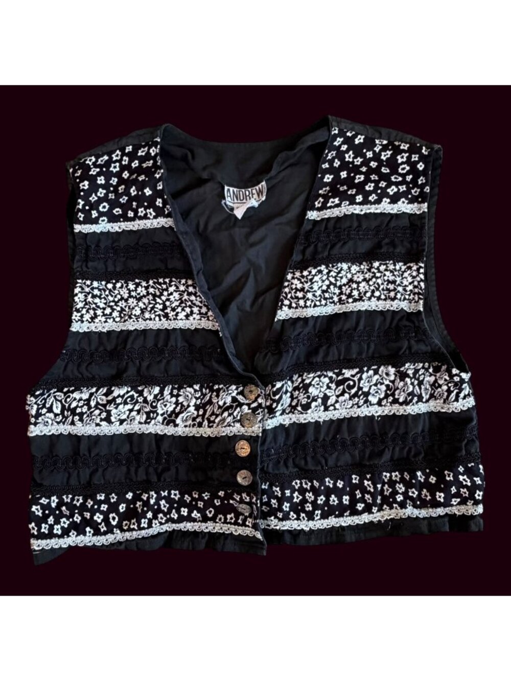 Vintage Andrew Floral and Star Pattern With Silver Lace Details Patchwork Vest 1